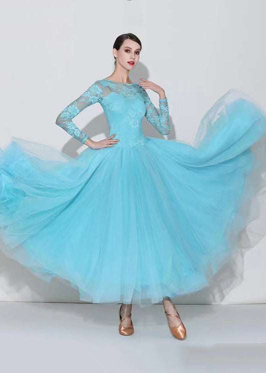 Light Lake Blue O-neck Lace Patchwork Dance Dress Long Sleeve