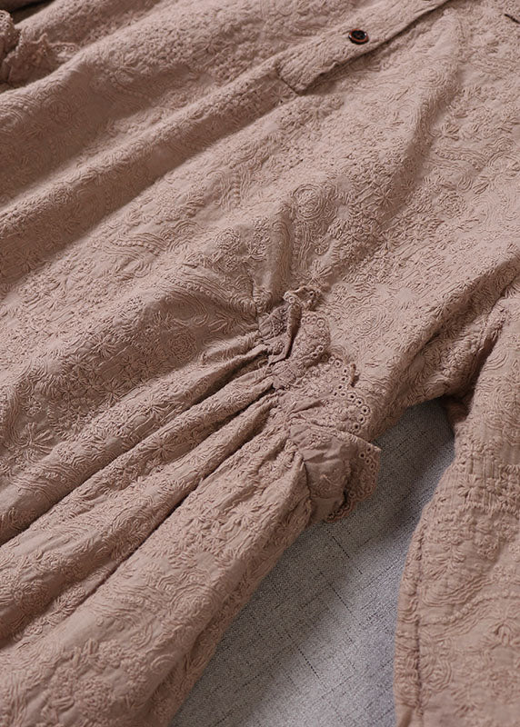 Khaki Embroideried Ruffled Cotton Vacation Dresses Long Sleeve