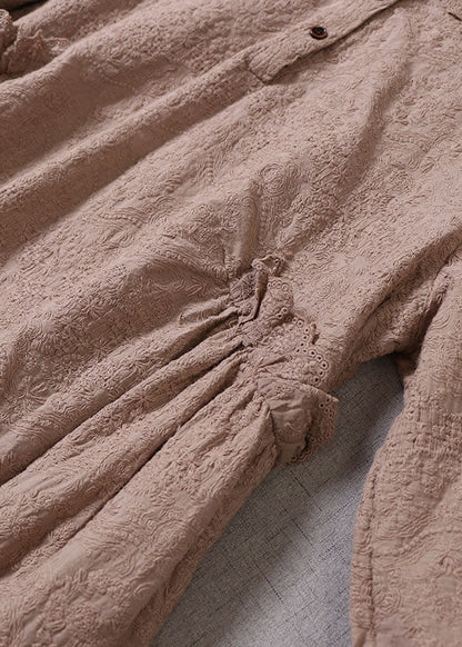 Khaki Embroideried Ruffled Cotton Vacation Dresses Long Sleeve