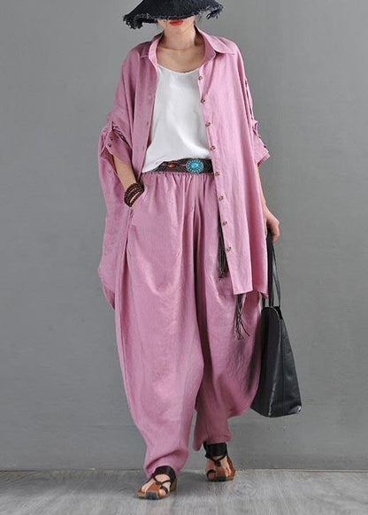 Fitted Pink Purple Side Open Cotton Linen Summer Blouse Top