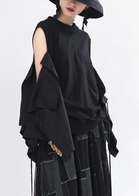 Art Black O-neck Drawstring Flare Sleeve Shirts Spring