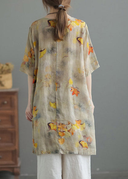 Yellow O-neck Print Button Side Open Linen Tops Half Sleeve