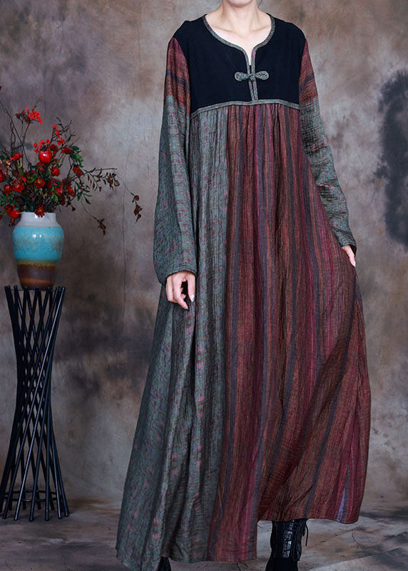Red Green Retro Patchwork Print Fall Long Sleeve Long Dresses
