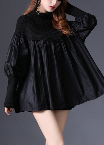 Black Turtleneck Knit Patchwork Cotton Sweater Long Sleeve