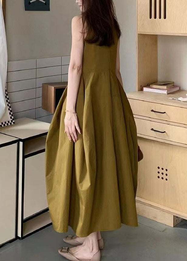 New Yellow Pockets Cotton Long Dresses Sleeveless
