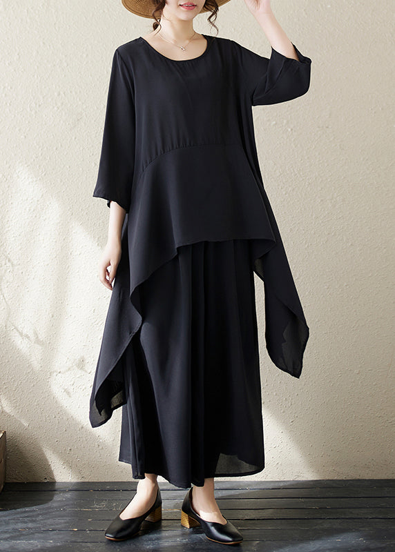 Black O Neck Asymmetrical Chiffon Two Piece Set Summer