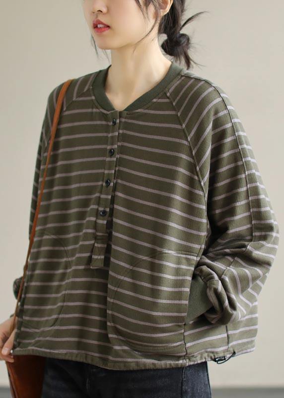 Green Striped Tops Blouses O Neck Clothing Spring Shirt