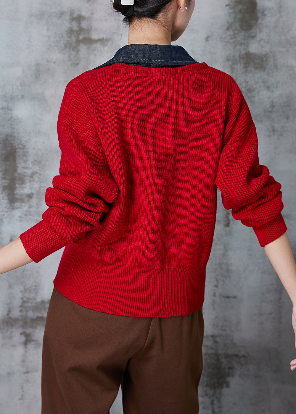 Boutique Red Peter Pan Collar Patchwork Knit Fake Two Piece Pullover Winter