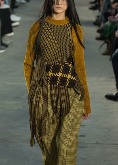Unique Yellow O-neck Asymmetrical Patchwork Knit Tops Fall