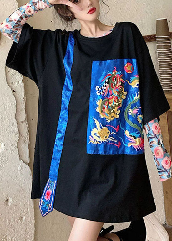Black O-neck Embroideried Tops Half Sleeve