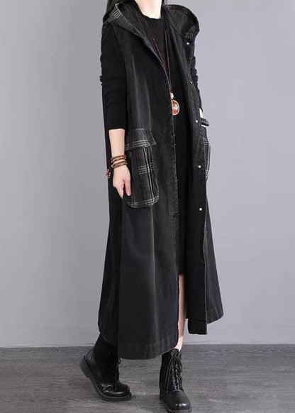 Black Hooded Pockets Patchwork Long Denim Vest Sleeveless
