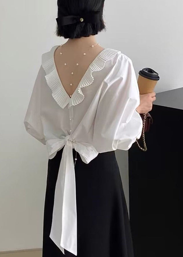 White Ruffled Patchwork Shirt Batwing Sleeve