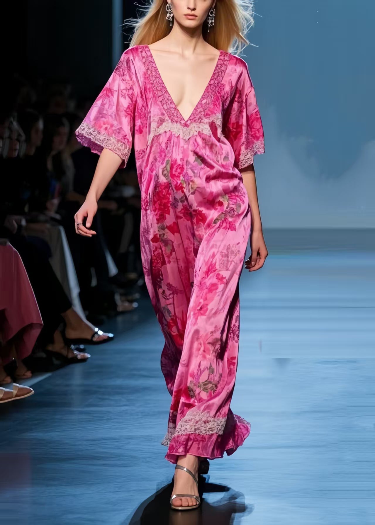 Unique Rose V Neck Patchwork Lace Vacation Dresses Summer