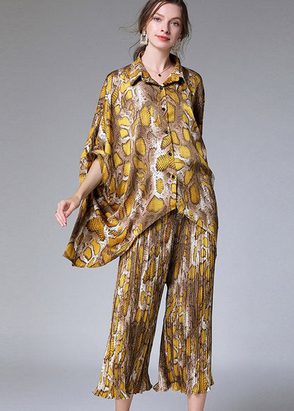 Natural Colorblock Peter Pan Collar Print Tops and Pants Chiffon Two Pieces Set Summer