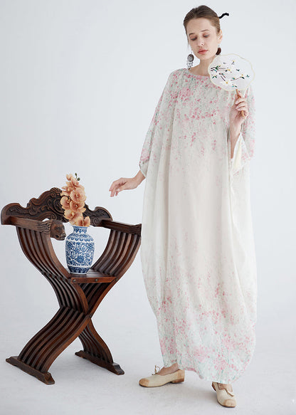 White O Neck Print Cotton Robe Dresses Summer