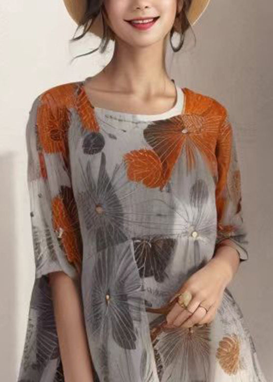 Handmade Grey Print Silk Maxi Dresses Short Sleeve