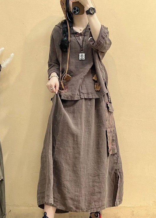 Coffee Hooded Patchwork Tops and Skirts Cotton Two Pieces Set Summer