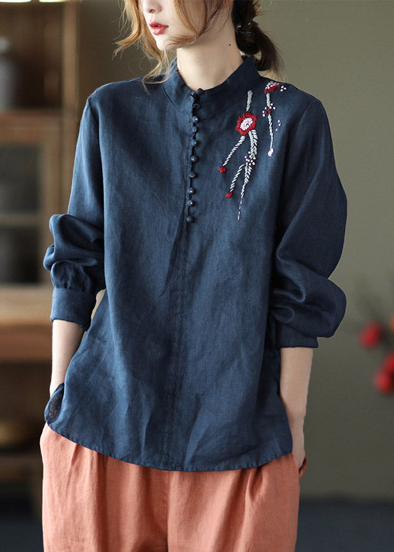 Navy Stand Collar Embroideried Button Linen Shirts Long Sleeve