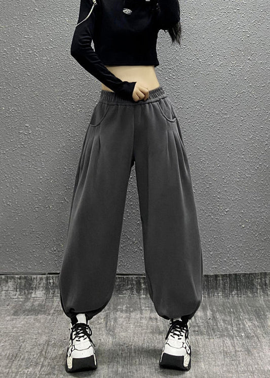 Grey Pockets Elastic Waist Cotton Beam Pants Fall
