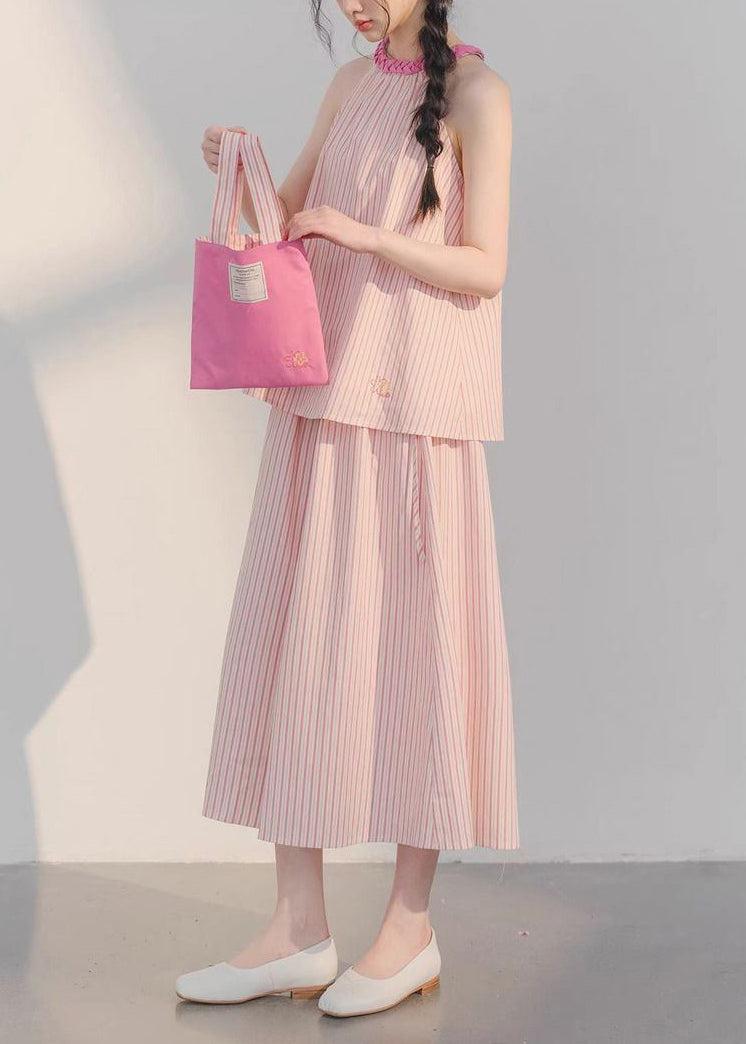 Pink Striped Tops and Crop Pants Cotton Two Pieces Set Sleeveless