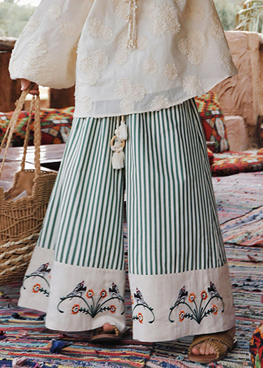 Organic Green Striped Embroidered Cotton Wide Leg Pants Summer