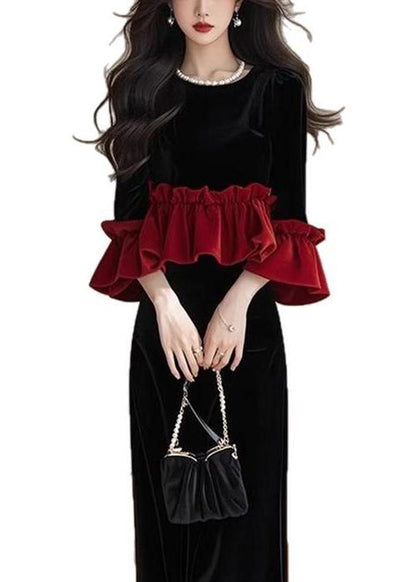 New Black Ruffled Tops and Skirts Patchwork Silk Velvet Two Pieces Set Fall