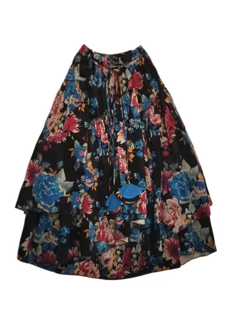 Black Wrinkled Asymmetrical Print Cotton Skirts Spring