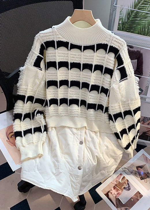 Beige Striped Patchwork Knit Mid Tops Long Sleeve