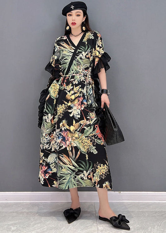 Green Print Ruffled Patchwork Chiffon Long Dress Short Sleeve