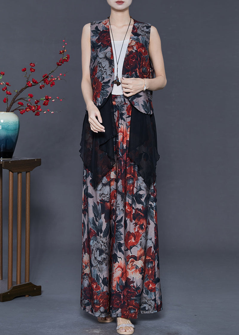Red Print Patchwork Linen 2 Piece Outfit Summer