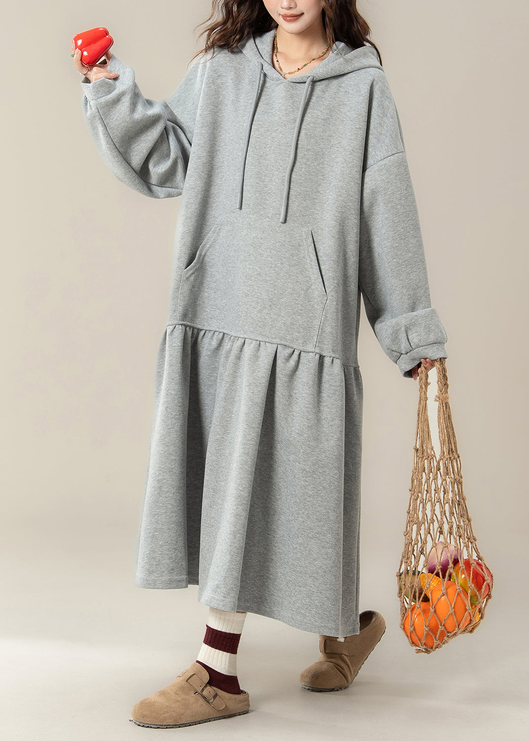 Apricot Patchwork Cotton Hooded Dresses Fall