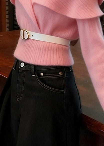 Art Pink V Neck Ruffled Knit Sweater Fall