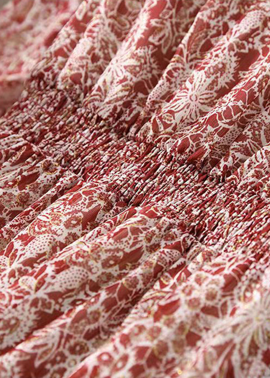 Style Red Stand Collar Elastic Waist Print Silk Long Dresses Flare Sleeve