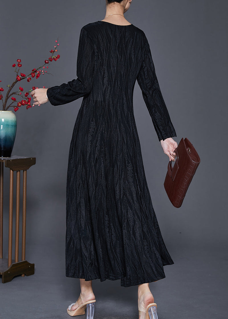 Black Print Cotton a Line Dress V Neck Silm Fit Spring