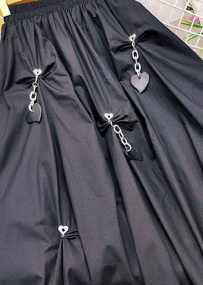 Black Elastic Waist Wrinkled Heart Decorated Cotton Skirts Summer
