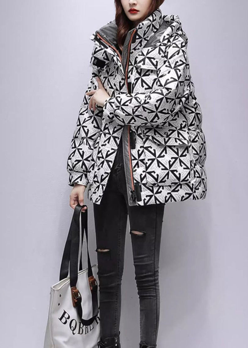 Black Hooded Print Fine Cotton Filled Coats Winter