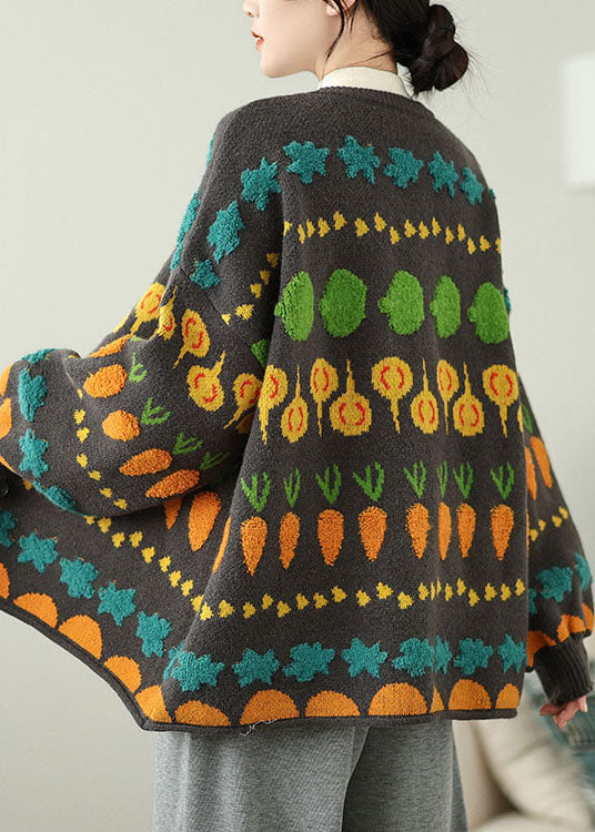 Grey O Neck Embroidered Knit Loose Coat Spring
