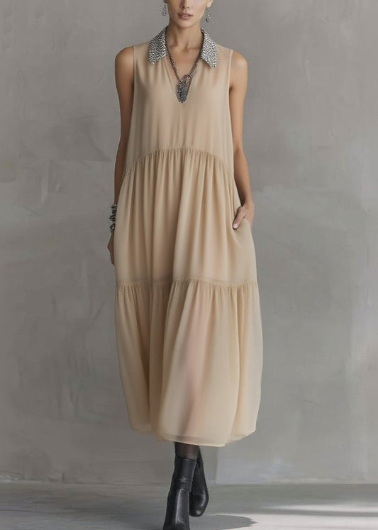 Peter Pan Collar Wrinkled Patchwork Chiffon Dress Sleeveless