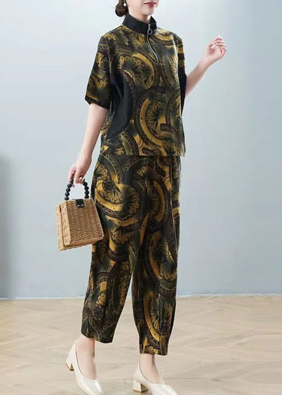 Green Print Shirt and Harem Pants Two Pieces Set Half Sleeve