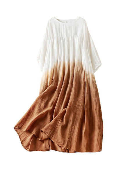 Original Blue Gradient O Neck Wrinkled Cotton Long Dress Half Sleeve