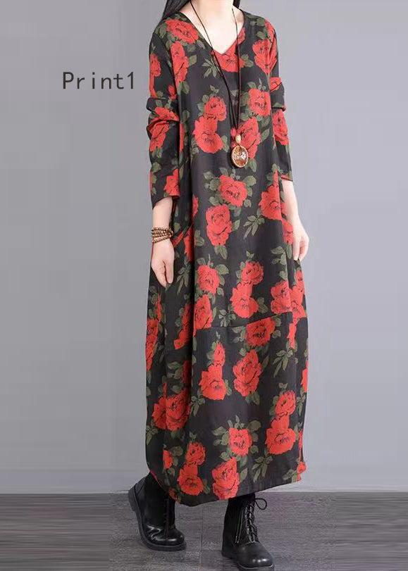 V Neck Print Patchwork Cotton Long Dresses Fall