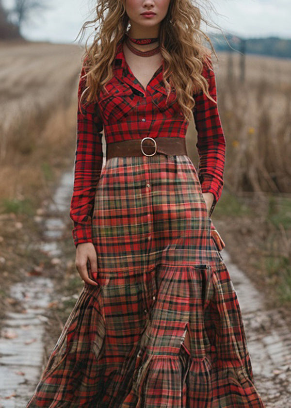 Colorblock Plaid Wrinkled Cotton Maxi Dresses Long Sleeve