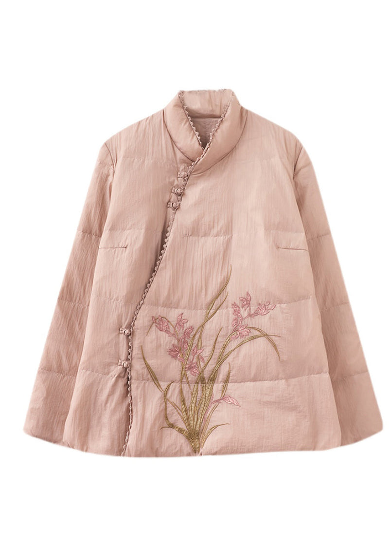 Pink Stand Collar Embroideried Fine Cotton Filled Jackets Winter