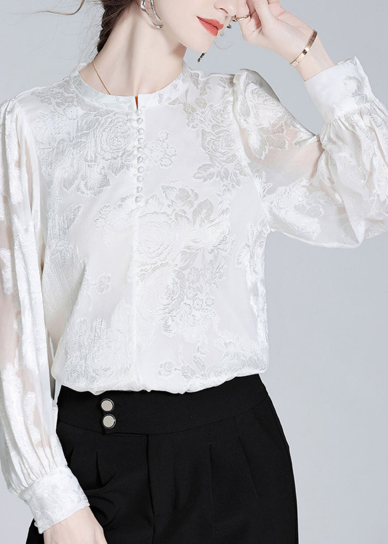 White O-neck Button Jacquard Slik Shirt Spring