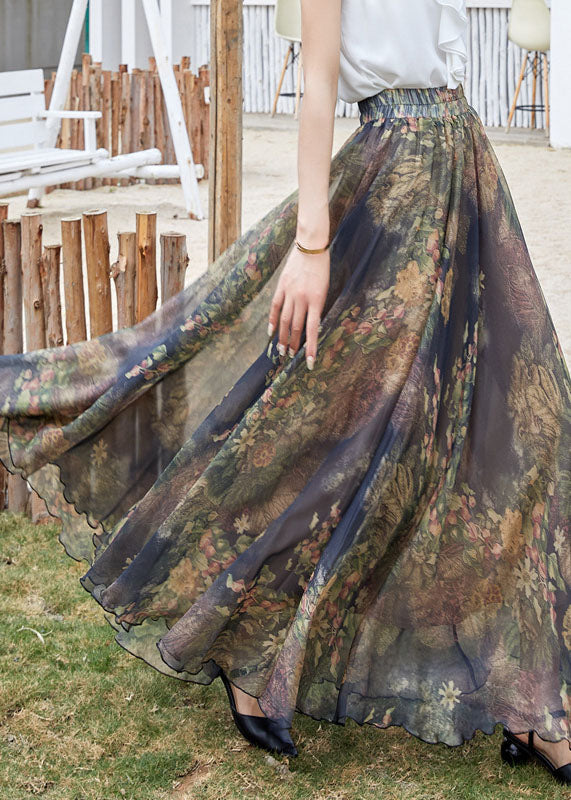 Navy Elastic Waist Print Exra Large Hem Chiffon a Line Skirt Summer