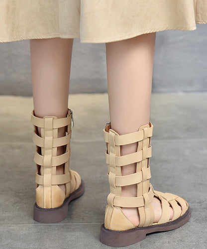 Beige Cowhide Leather Splicing Cross Strap Boots
