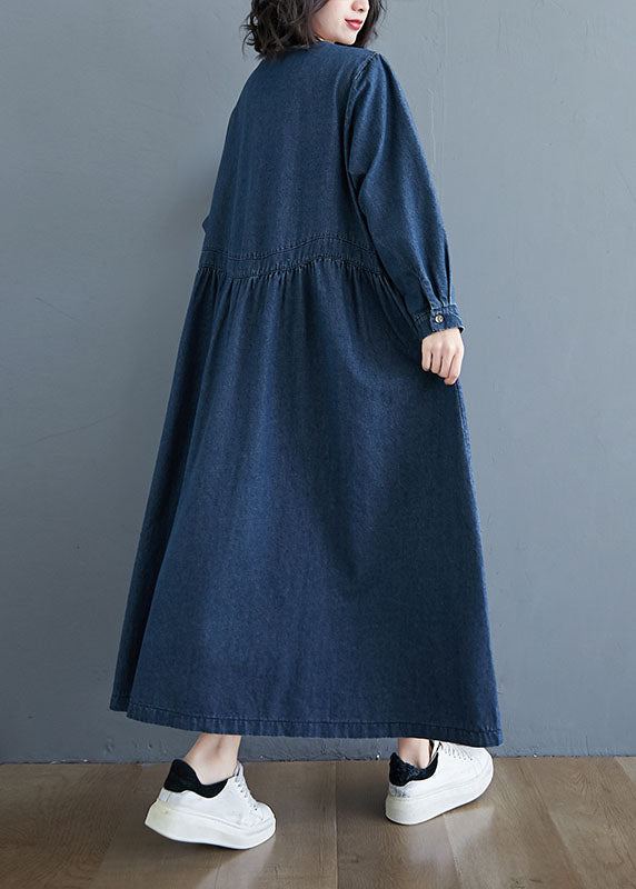 Blue V-neck Pockets Wrinkled Patchwork Denim Dress Spring