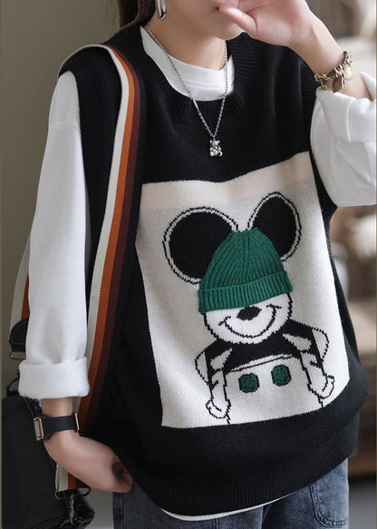 Black O-neck Animal Knit Vest Sleeveless