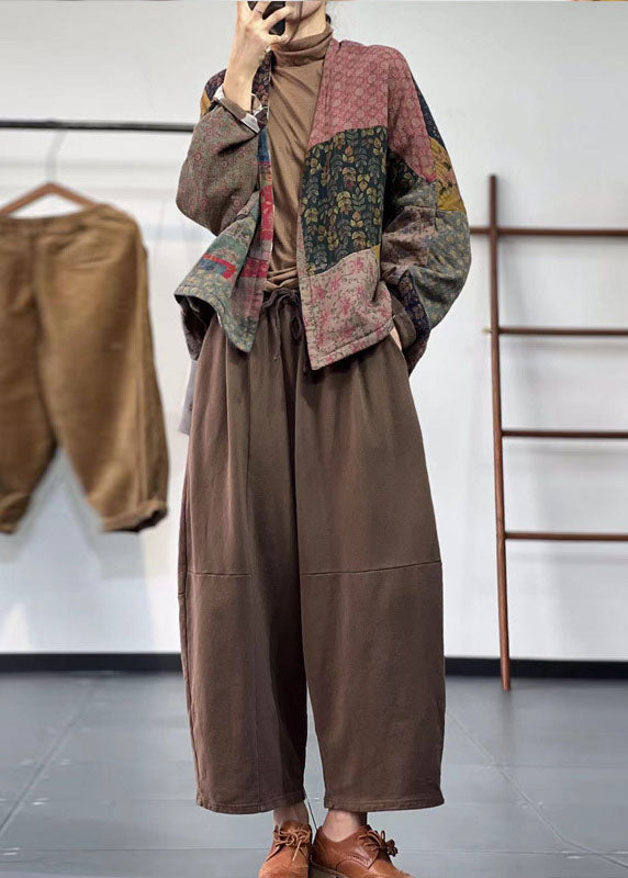 Colorblock V Neck Patchwork Print Cotton Coat Outwear Winter