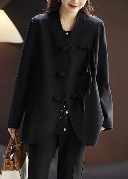 Black Chinese Button Wool Coats Spring